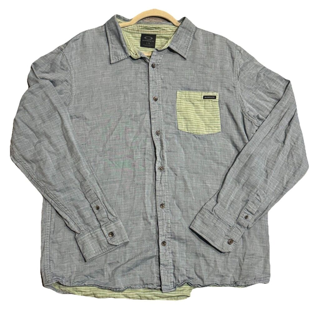 Oakley Mens Large Long Sleeve Button Up Shirt Blue Green Pocket Logo E3